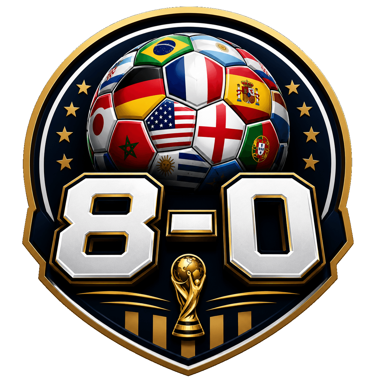 8-0 crest: a globe-flag football above the numbers 8-0 and a World Cup trophy